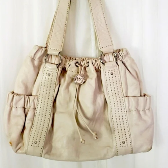 Vintage Michael Kors Beige Soft Leather Drawstring Hobo Bag - Picture 1 of 12